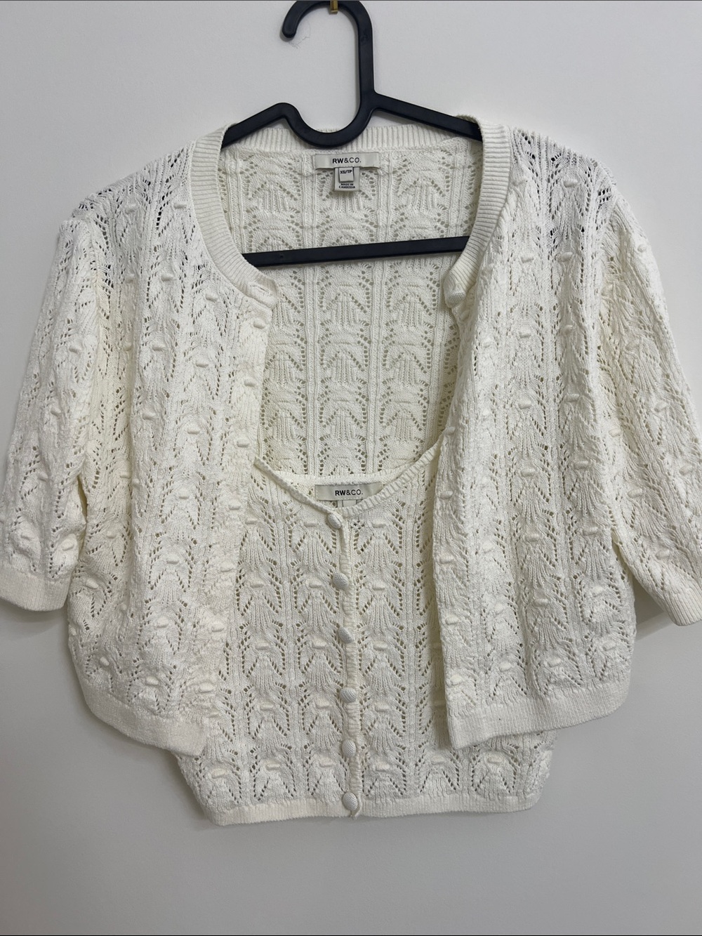 RW&CO. Off-White Lace-Knit Short Sleeve Cardigan Set